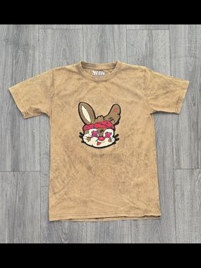 RAW Own The Now Bunny Graphic T-Shirt Youth 16 Tan Acid Wash Embroidered Tee.